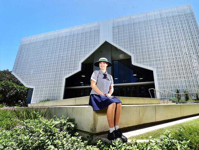 Chloe Dickinson, 17, in the new $19 million three-storey East Precinct building at St PatrickÃ•s College Townsville. Picture: Shae Beplate.