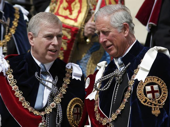 King Charles with Prince Andrew in 2015, before scandal forced the Duke of York to step down from royal duties. Picture: AFP