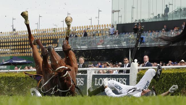 Andrew Adkins and War Baron in the fall involving Persan. Picture: Getty Images