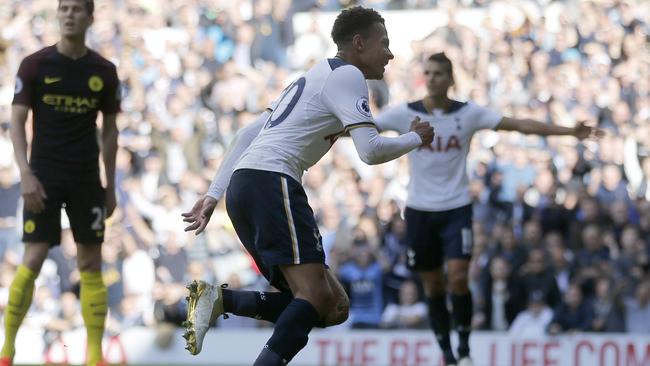 Tottenham Hotspur’s Dele Alli turns away after he scores against Manchester City at White Hart Lane.(AP Photo/Frank Augstein)