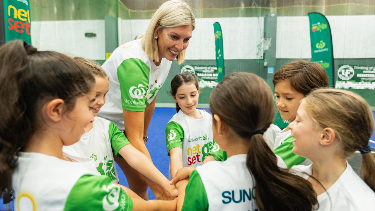 Cath Cox supporting Woolworths' NetSetGO program for the Pick Fresh Play Fresh Netball Grants. Photo: Supplied.