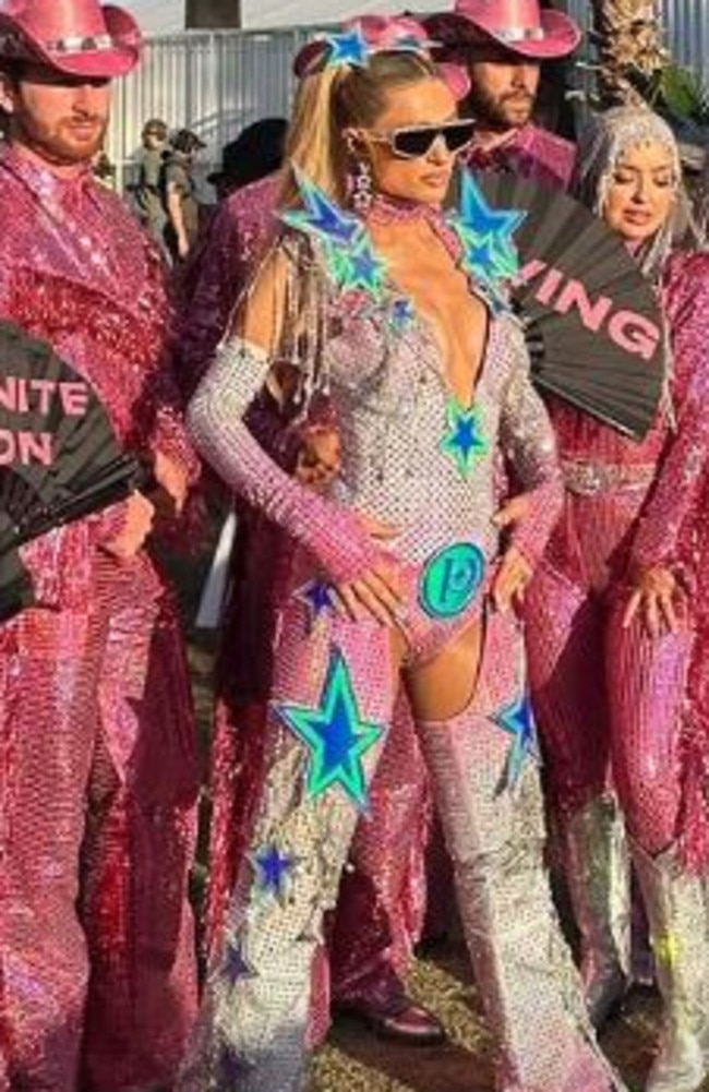 Paris Hilton did a guest DJ appearance at the festival, wearing a pink and silver bedazzled set that featured chaps. Picture: Instagram