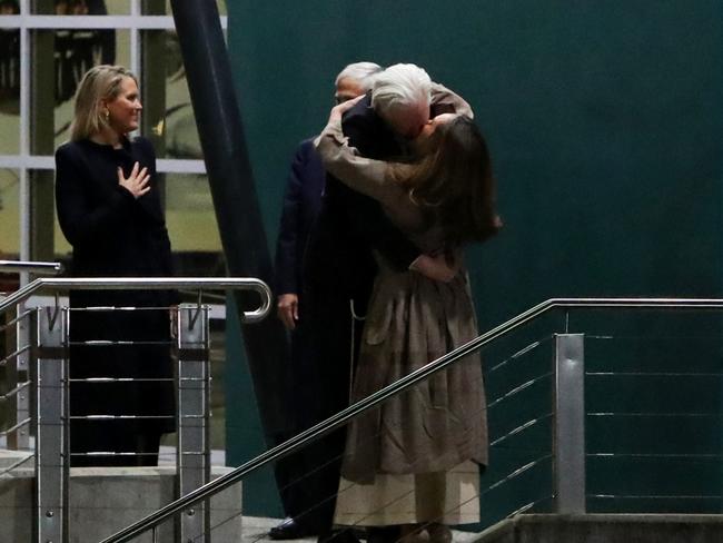 Julian Assange kisses his wife Stella Assange as he arrives at Canberra Airport. Picture: Getty Images