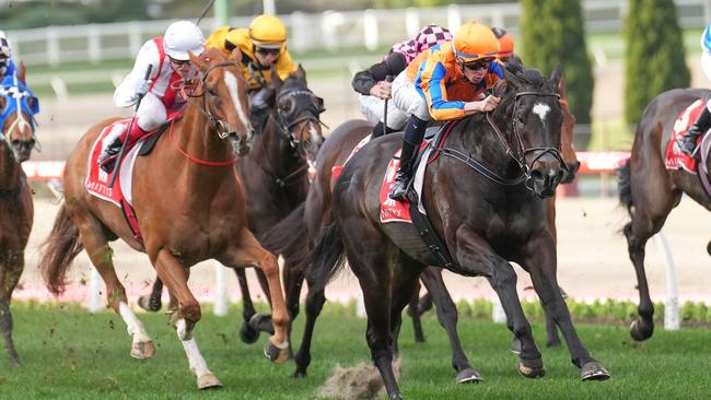 Imperatriz was too good for Giga Kick (white and red silks) in the McEwen Stakes at The Valley. Picture: Scott Barbour-Racing Photos via Getty Images