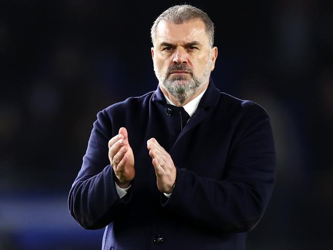 BRIGHTON, ENGLAND - DECEMBER 28: Ange Postecoglou, Manager of Tottenham Hotspur, applauds the fans after defeat to Brighton & Hove Albion during the Premier League match between Brighton & Hove Albion and Tottenham Hotspur at American Express Community Stadium on December 28, 2023 in Brighton, England. (Photo by Bryn Lennon/Getty Images)