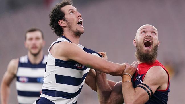 Cats big man Darcy Fort proved a worthy adversary for fellow giant Max Gawn. Picture: AAP