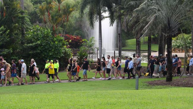 Samara Laverty leads a memorial walk around the Jingili Water Gardens ahead of the one-year anniversary of her son Declan's alleged murder. Picture: Jason Walls