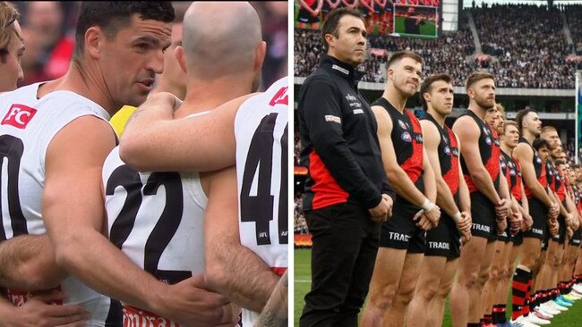 Scott Pendlebury during the Anzac Day ceremony. Photos: Fox Sports/Getty Images