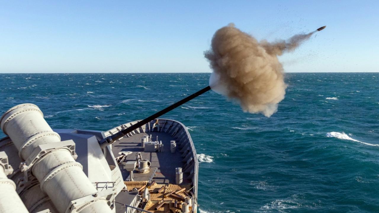 HMAS Warramunga conducts a gun firing in the Western Australian Exercise Area prior to departing for Exercise Malabar. Picture: Australian Navy