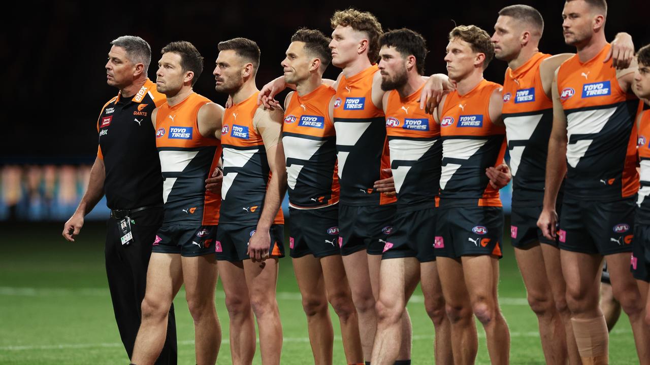 The Giants lining up during last Saturday’s pre-match ceremony. (Photo by Matt King/AFL Photos/via Getty Images)