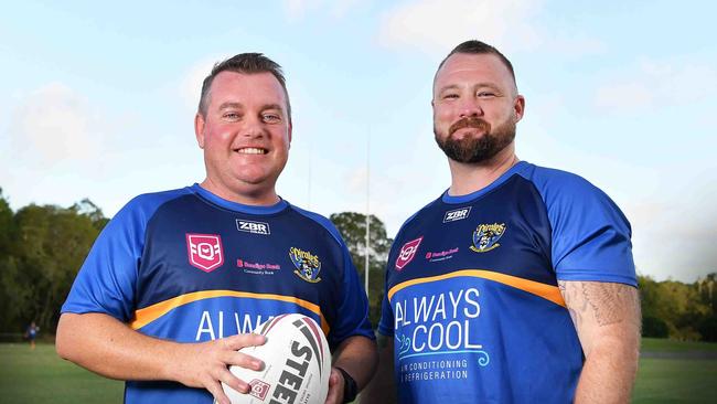 Noosa Pirates A-grade head coach Mick Duff with club president Liam Anlezark. Picture: Patrick Woods.