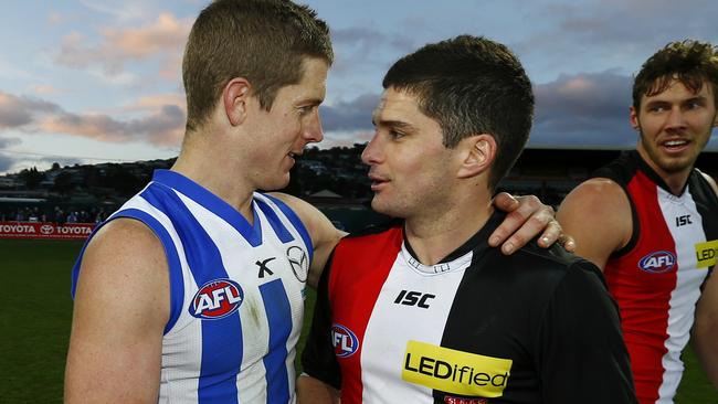 Nick Dal Santo and Leigh Montagna after a game. Picture: Michael Klein