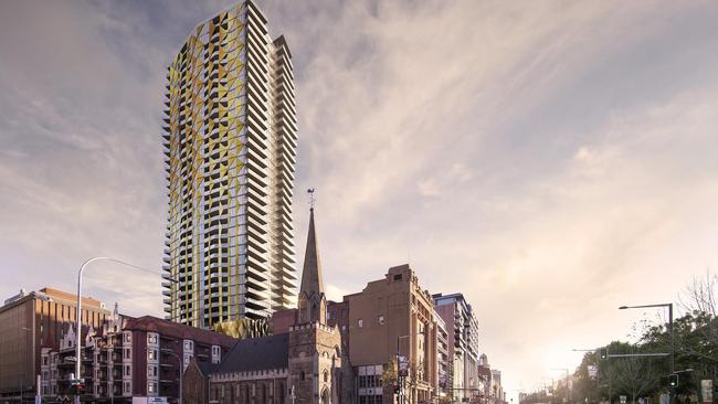 Artist’s impression of Realm Adelaide which is under construction near the corner of Pulteney Street and North Tce.