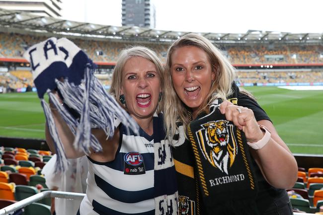 2020 AFL Grand Final match between the. Richmond Tigers and the Geelong Cats at the Gabba on October 24, 2020 in Brisbane, Australia. Sisters, Rebekah Stott and Emily Pfeiffer both from Brisbane. Picture: Sarah Reed