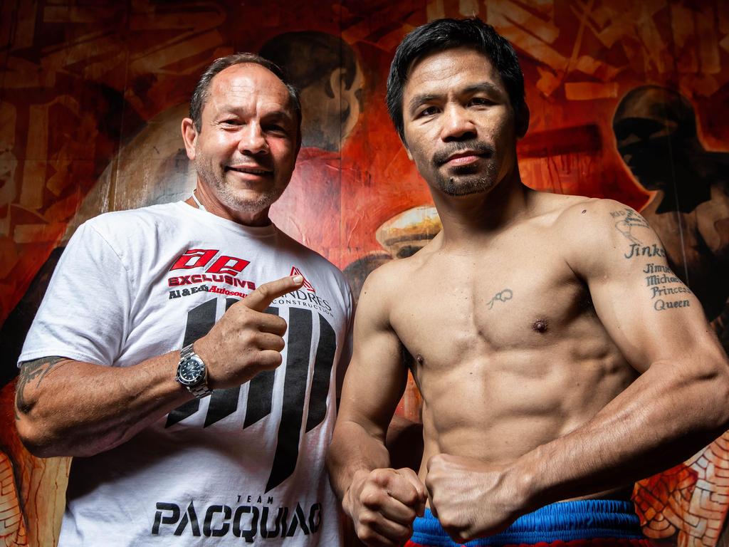 Justin Fortune (L) is Manny Pacquiao’s long-time trainer. Picture: JP Yim/Getty Images