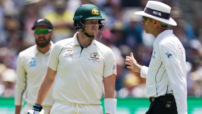 Smith exchanges words with umpire Nigel Llong. Picture: AAP