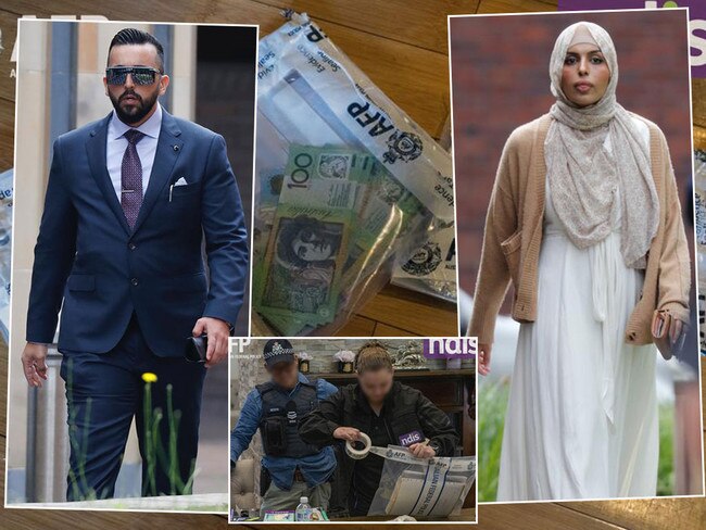 Adel Al Shamari, left, his sister, Waafa Al Shamari, right, and scenes from the raid that followed the duisocvery of their alleged NDIS scam. Puictures: News Corp/AFP