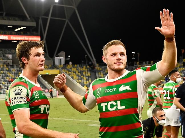 Campbell Graham and Thomas Burgess celebrate the Rabbitohs’ big finals win over Penrith. Picture: Ian Hitchcock/Getty Images