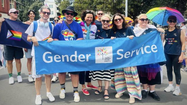 Telfer (centre, blonde) and Monqiue Ryan at the Midsumma Pride March, 2025.