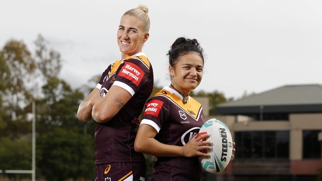 The smallest player in the NRLW, Chante Temara, alongside Broncos captain Ali Brigginshaw. Picture: Josh Woning.