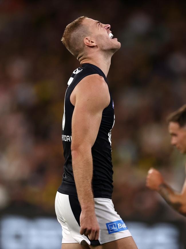 Harry McKay of the Blues reacts after missing a set shot at goal during the third quarter of Carlton’s round one game in 2023. Picture: Michael Klein