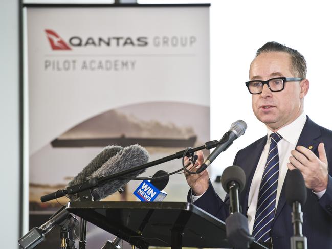 Qantas CEO Alan Joyce announces the Qantas pilot training academy announced for Wellcamp airport last year. Picture: Nev Madsen