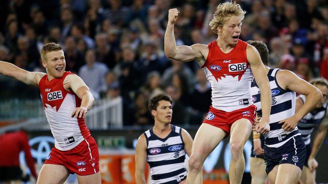 Isaac Heeney celebrates a goal against Geelong. Picture: Colleen Petch.