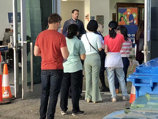 Princess Alexandra Hospital Covid-19 Vaccine line after first dose walk-ins refused access. Photographer: Liam Kidston