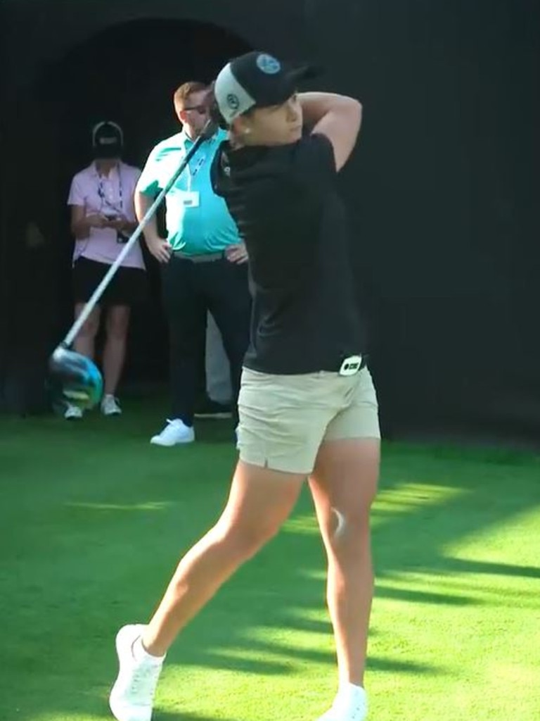 Barty tees off on the first hole. Photo: Instagram.