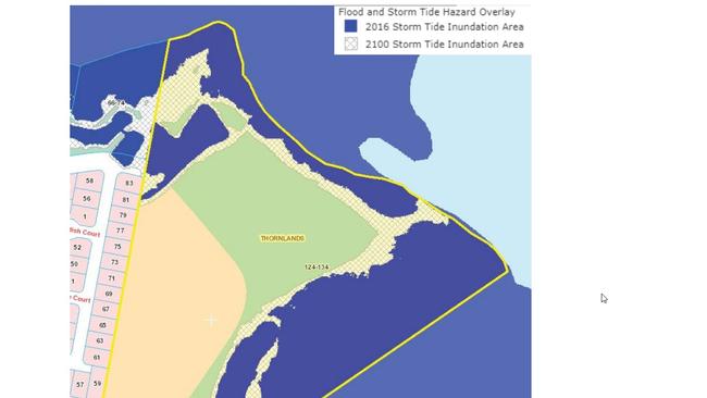 The blue shows the 2016 storm tide inundation area with the green the housing site. The 2100 storm tide inundation zone is in between the blue and green zones.