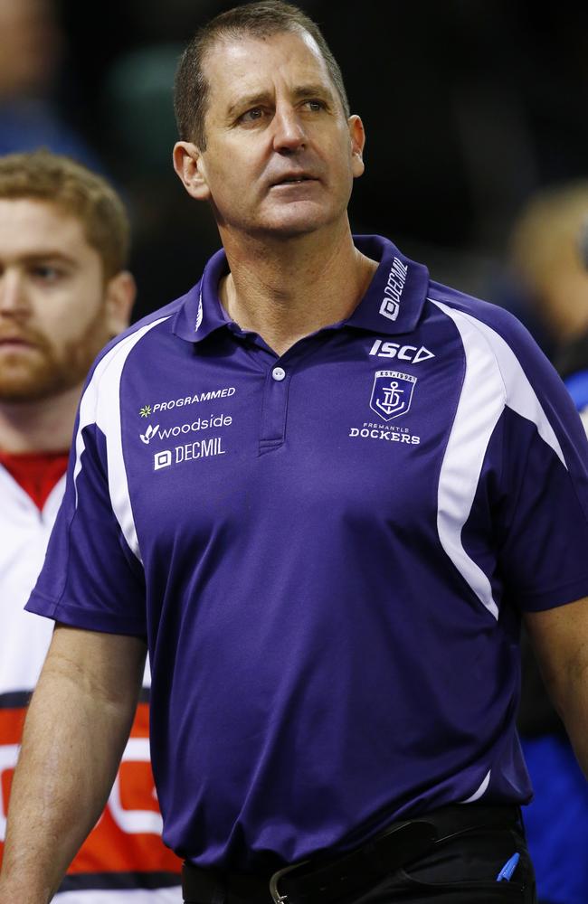 AFL Round 18, St Kilda v Fremantle at Etihad Stadium. Fremantle coach Ross Lyon heads towards the race after todays loss to St Kilda. Pic: Michael Klein. Saturday July 19, 2014.