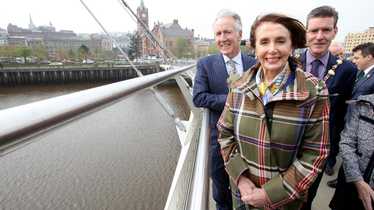 US House of Representatives Nancy Pelosi walks along the Peace Bridge in Londonderry, Northern Ireland. Picture: AFP