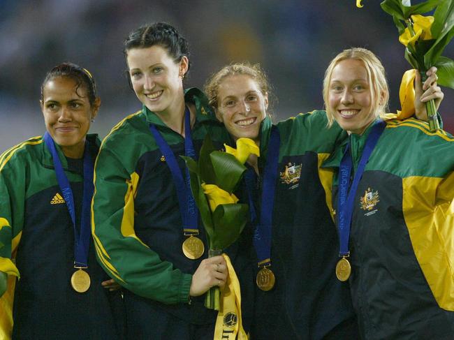 Jana Pittman with (L-R) Cathy Freeman, Lauren Hewitt and Tamsyn Lewis after claiming gold in the women’s 4x400 relay at the 2002 Commonwealth Games in Manchester. Picture: Craig Borrow