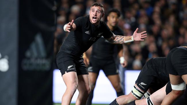 New Zealand’s TJ Perenara gestures to the referee during the match against Argentina.