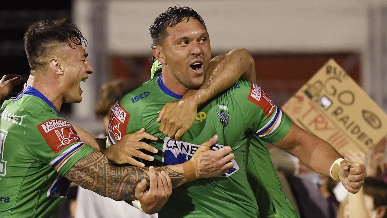 Jordan Rapana will miss the Raiders’ round one game against the Sharks. Picture: Ian Hitchcock/Getty Images