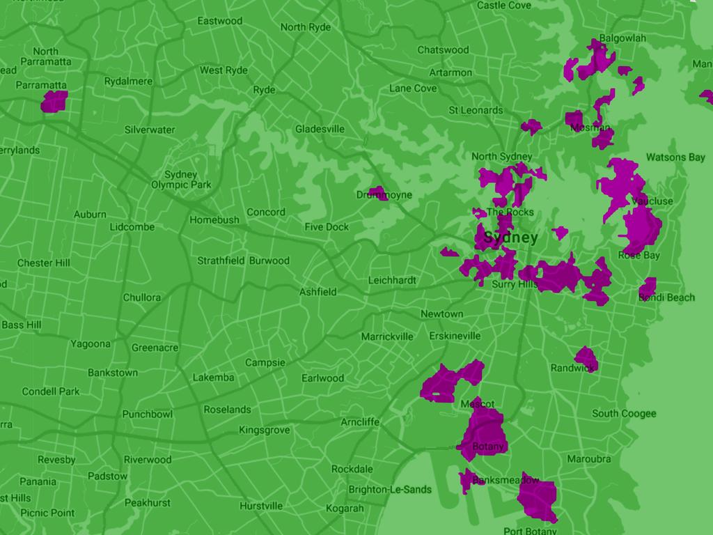 The purple bits show which parts of Sydney have 5G coverage as of 5 August. Picture: Telstra