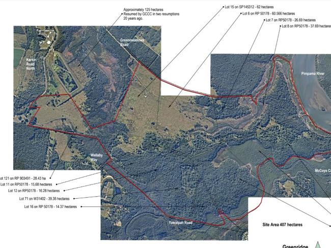 A map showing the land which is part of the 407ha Greenridge site at Pimpama on the northern Gold Coast.