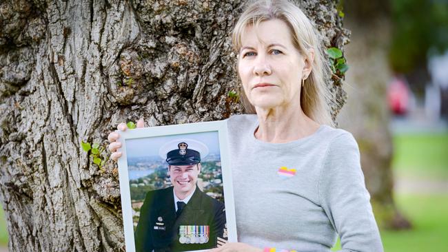 Julie-Ann Finney with a picture of her son Dave, who lost his battle with PTSD after serving in the Navy. Picture: Brenton Edwards