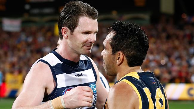 Former teammates Patrick Dangerfield and Eddie Betts might be captains of new-look AFLX sides. Pic: Getty Images