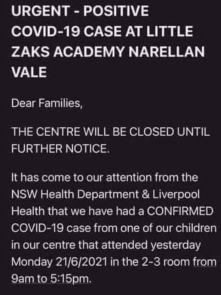 Little Zak's Academy Narellan Vale issued an email alert to parents. Picture: Facebook