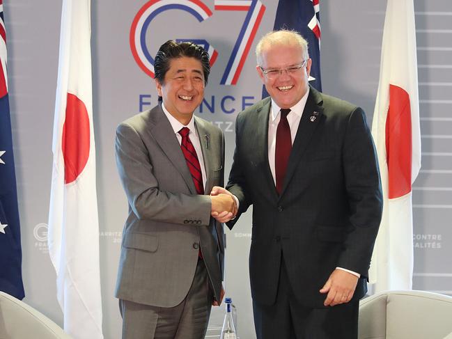 Prime Minister Scott Morrison holds a one on one meeting with Prime Minister Shinzo Abe from Japan at the G7 Summit in Biarritz, France on Sunday, August 25, 2019. Picture: Adam Taylor/PMO
