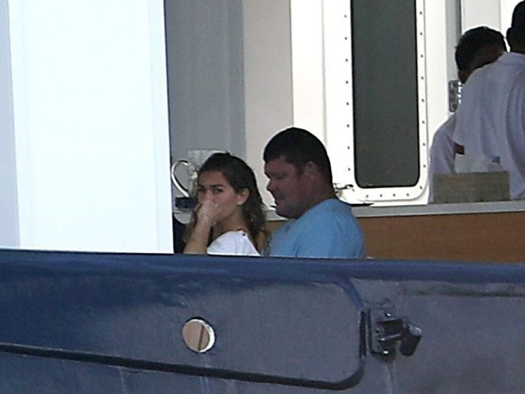 Karl Stefanovic and girlfriend Jasmine Yarbrough were spotted holidaying in Bora Bora with James Packer and his kids, aboard his luxury yacht Arctic P. They were also accompanied by a group of friends, including a mystery brunette, who is pictured sitting next to a visibly larger James Packer. Picture: Backgrid