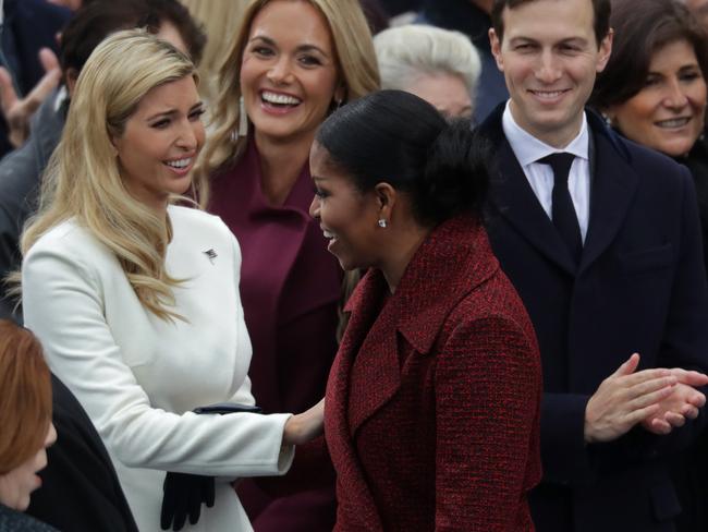 Ivanka Trump, Vanessa Trump, first lady Michelle Obama and Jared Kushner arrive on the West Front of the U.S. Capitol on January 20, 2017 in Washington, DC. Picture: Getty