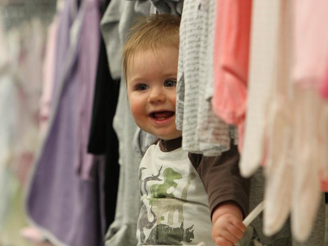 SA woman Hazel Vandeleur, Saddleworth with her son Jack, 9 months, shopping for baby clothes at 'Baby Bunting' store in Gepps Cross.