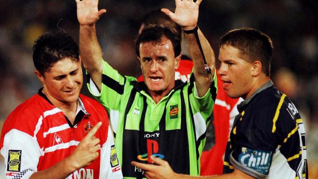 Back in the day — referee Graham Annesley gives Luke Goodwin (L) &amp; Mark Shipway ten minutes in sin bin to settle their argument during 1997 Nth Qld Cowboys vs. Oldham Super League (SL) World Club Challenge game.