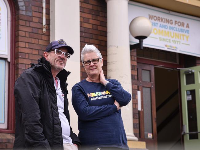 Greg Coventry talking with Newtown Neighbourhood Centre's CEO Liz Yeo in 2019. The organisation has left Newtown Town Hall and moved to a new location. Picture: AAP/Flavio Brancaleone