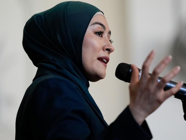 MELBOURNE, AUSTRALIA - DECEMBER 05: Senator Fatima Payman speaks to union members and supporters at Coburg town hall on December 05, 2024 in Melbourne, Australia. Fatima Payman made history as the first hijab-wearing federal senator, representing Western Australia since 2022. Recently, she gained attention for crossing the floor to support a motion recognizing Palestinian statehood, which led to her suspension from the Labor Party, highlighting her commitment to advocating for marginalized communities despite party loyalty pressures. The CFMEU has recently faced significant controversy, particularly after being forced into administration due to allegations of corruption which has led to widespread calls for reform and scrutiny of its operations. (Photo by Asanka Ratnayake/Getty Images)