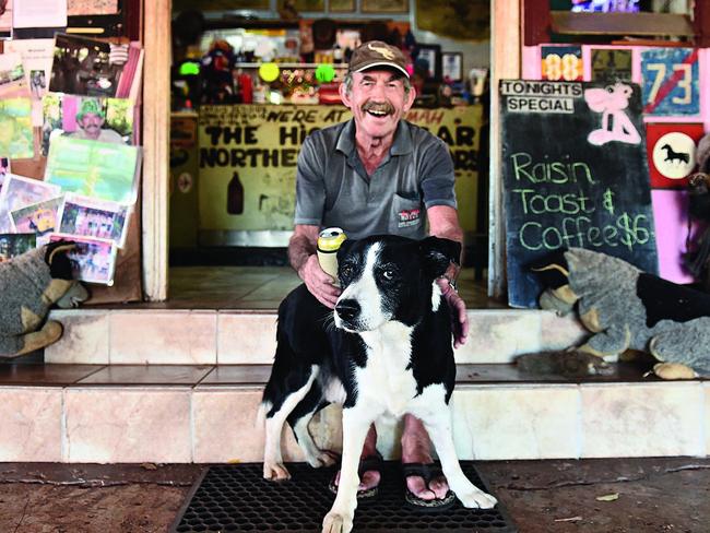 TWAM-20181215  EMBARGO FOR TWAM 15 DEC 2018 Paddy Moriarty has lived in Larrimah for eleven years, before this he lived in Daly Waters and has worked on cattle stations around the Territory including Brunette Downs back in 1966. Paddy and his dog Rover can often be found shooting the breeze out the front of the Larrimah Hotel. Pic : Helen Orr