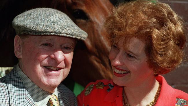 The late Tommy Smith with daughter Gai Waterhouse after Gai won the 1997 Sydney premiership.