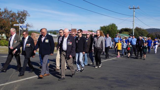 The march to the Triabunna Cenotaph for the Spring Bay Anzac Day service last year.